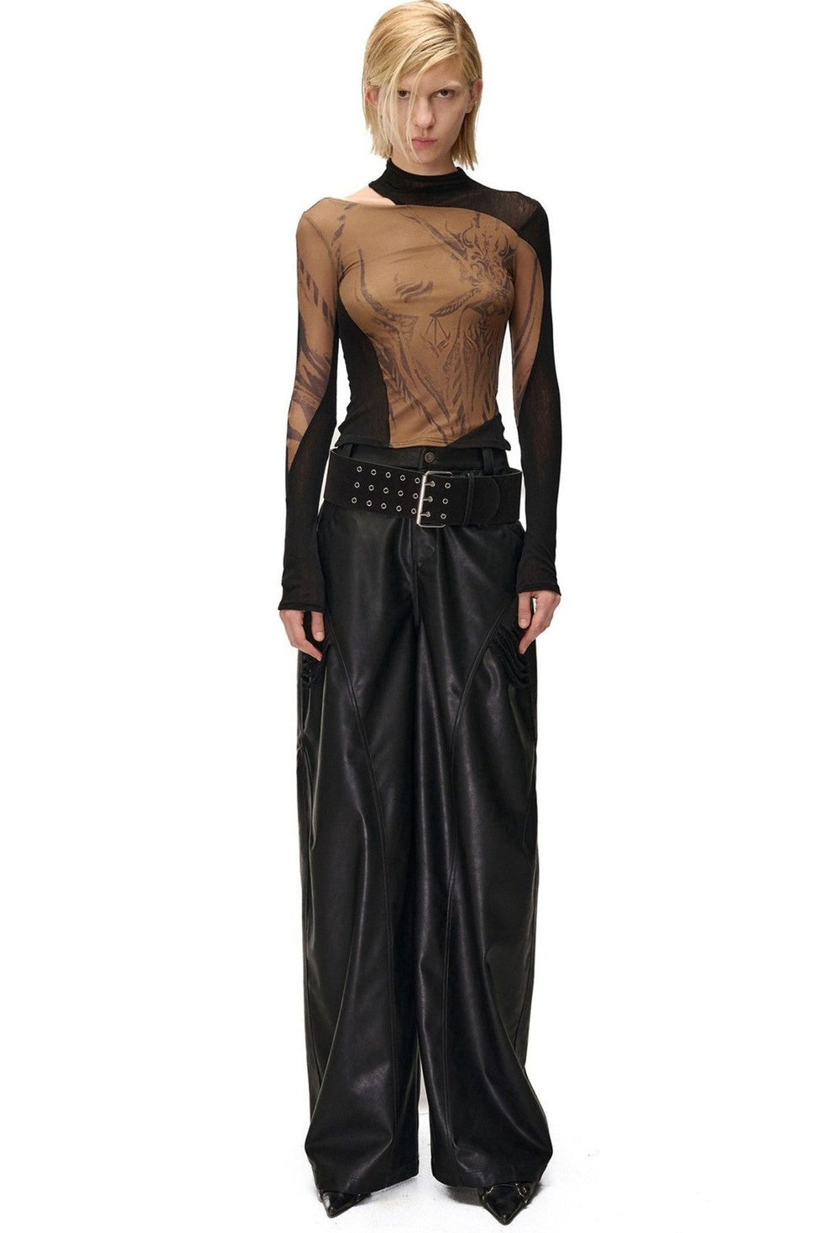 Weight Fragment Printed Mesh Half-High Collar T-Shirt