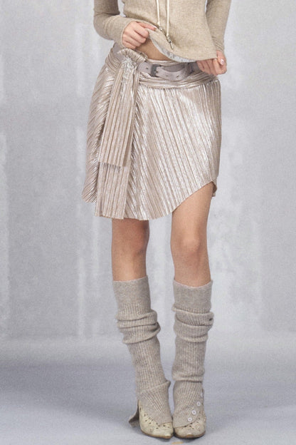 Pleated Metallic Asymmetrical Rhinestone Belted Skirt