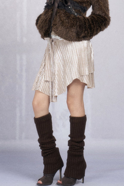 Pleated Metallic Asymmetrical Rhinestone Belted Skirt