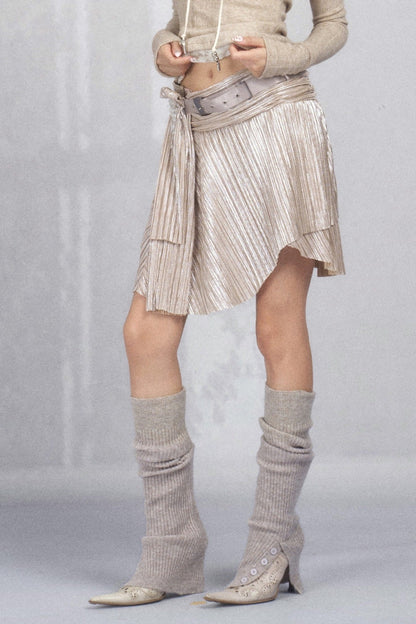 Pleated Metallic Asymmetrical Rhinestone Belted Skirt