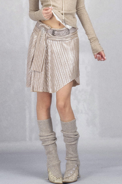 Pleated Metallic Asymmetrical Rhinestone Belted Skirt
