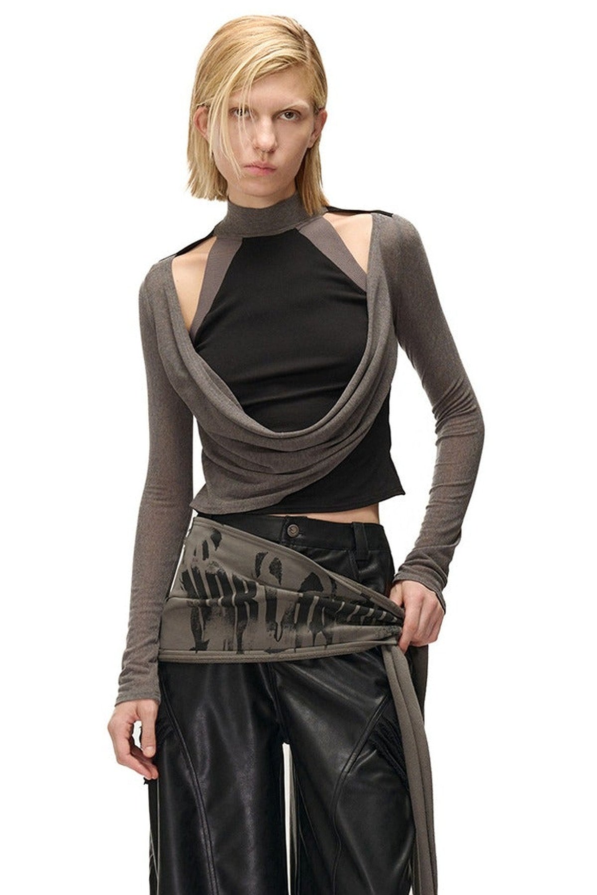 Layered-Look Swing Collar Off-Shoulder T-Shirt