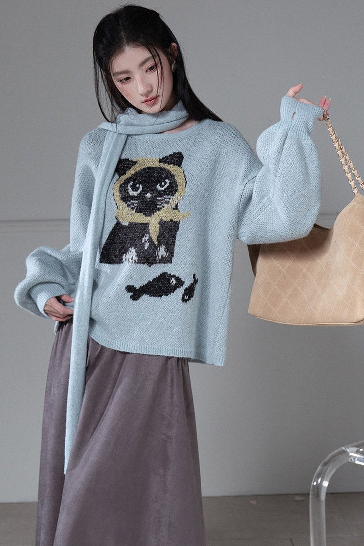 Black Cat Jacquard Wool Lantern Sleeve Sweater