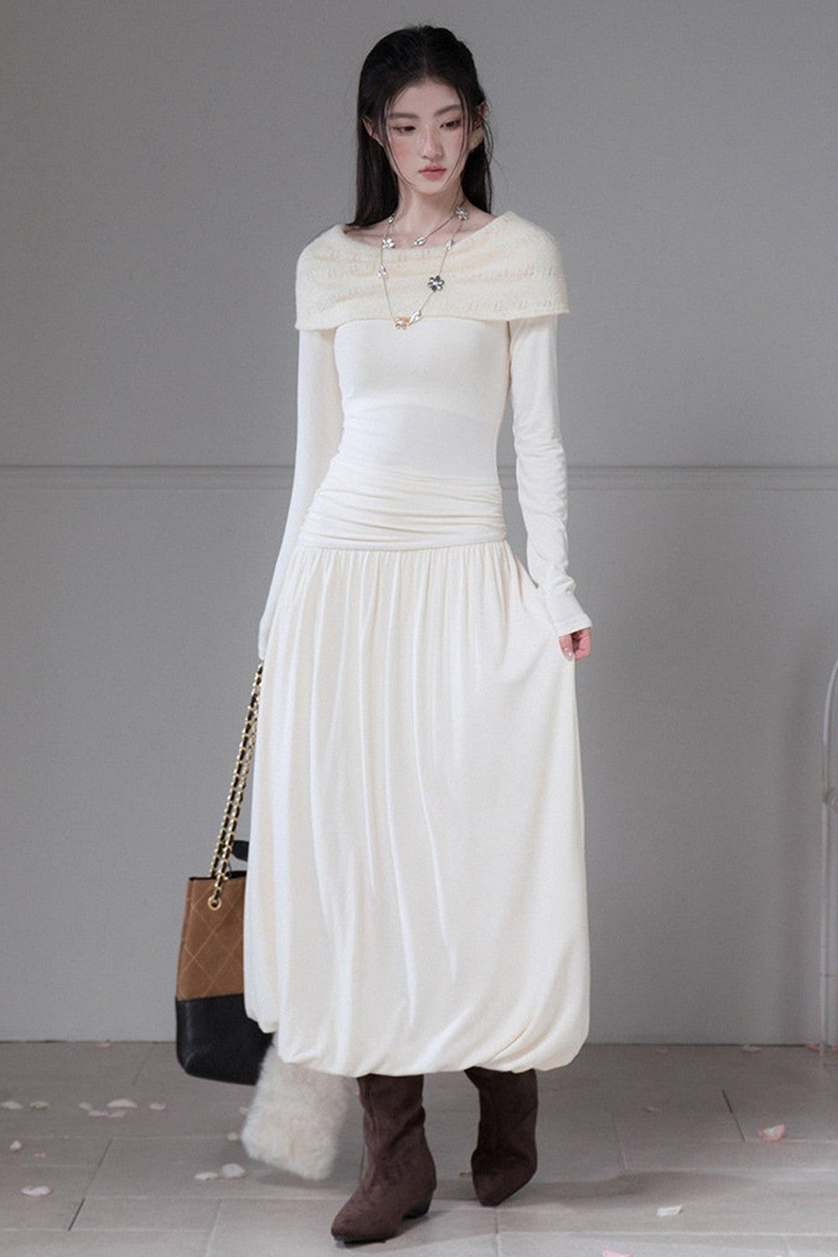 Apricot Off-The-Shoulder Knit Dress