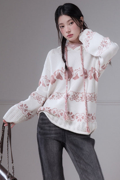 Pink Fair Isle Hollow-Out Hooded Pullover Sweater