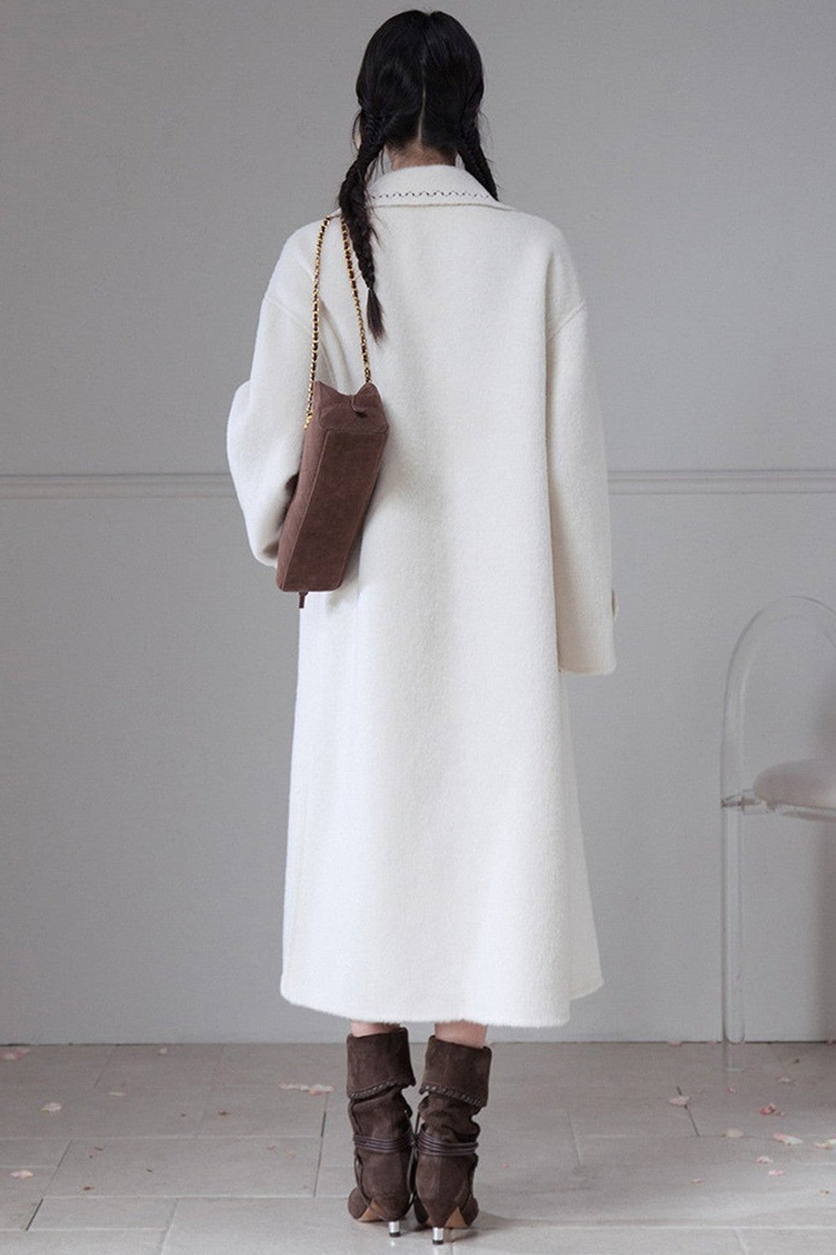 Flowing Embroidered Double-Faced Wool Rabbit Fur Coat