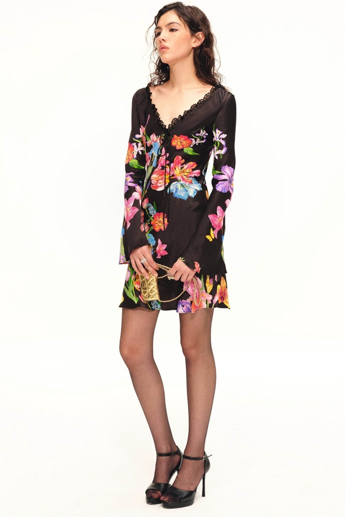 Floral Rayon V-Neck Bell Sleeve Dress
