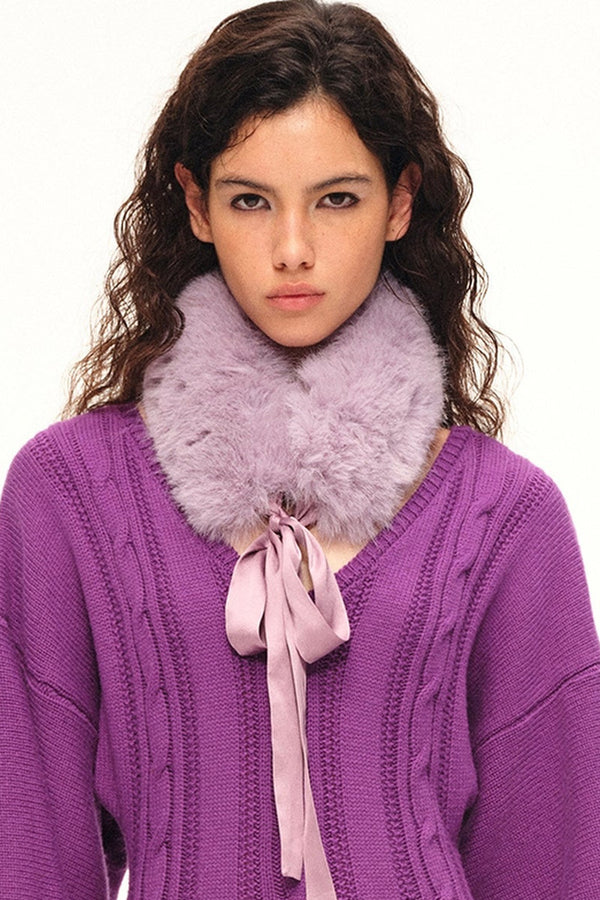 Faux Fur Neck Warmer Satin Tie Scarf