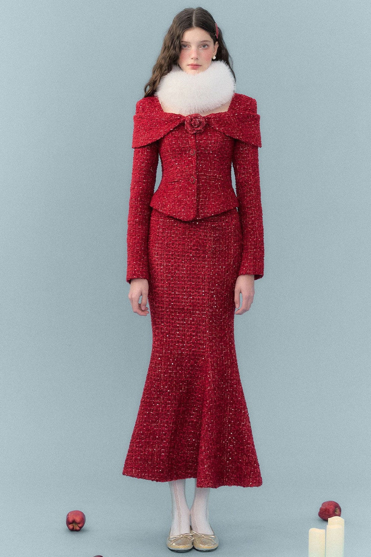 Woven Tweed Jacket and Fishtail Skirt Set-Up