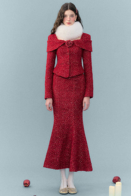 Woven Tweed Jacket and Fishtail Skirt Set-Up