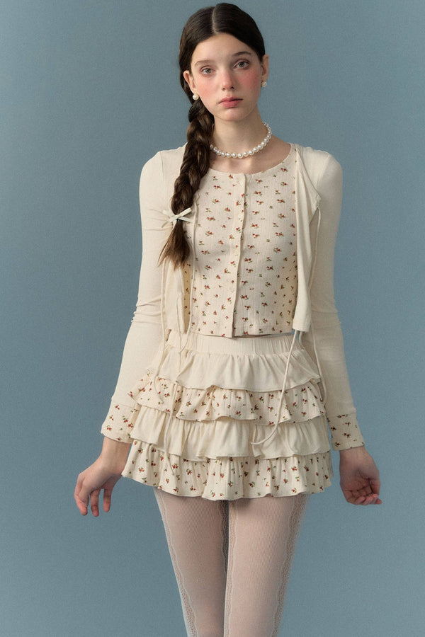 Floral Patchwork Knit Cardigan and Lace-Up Skirt Set-Up