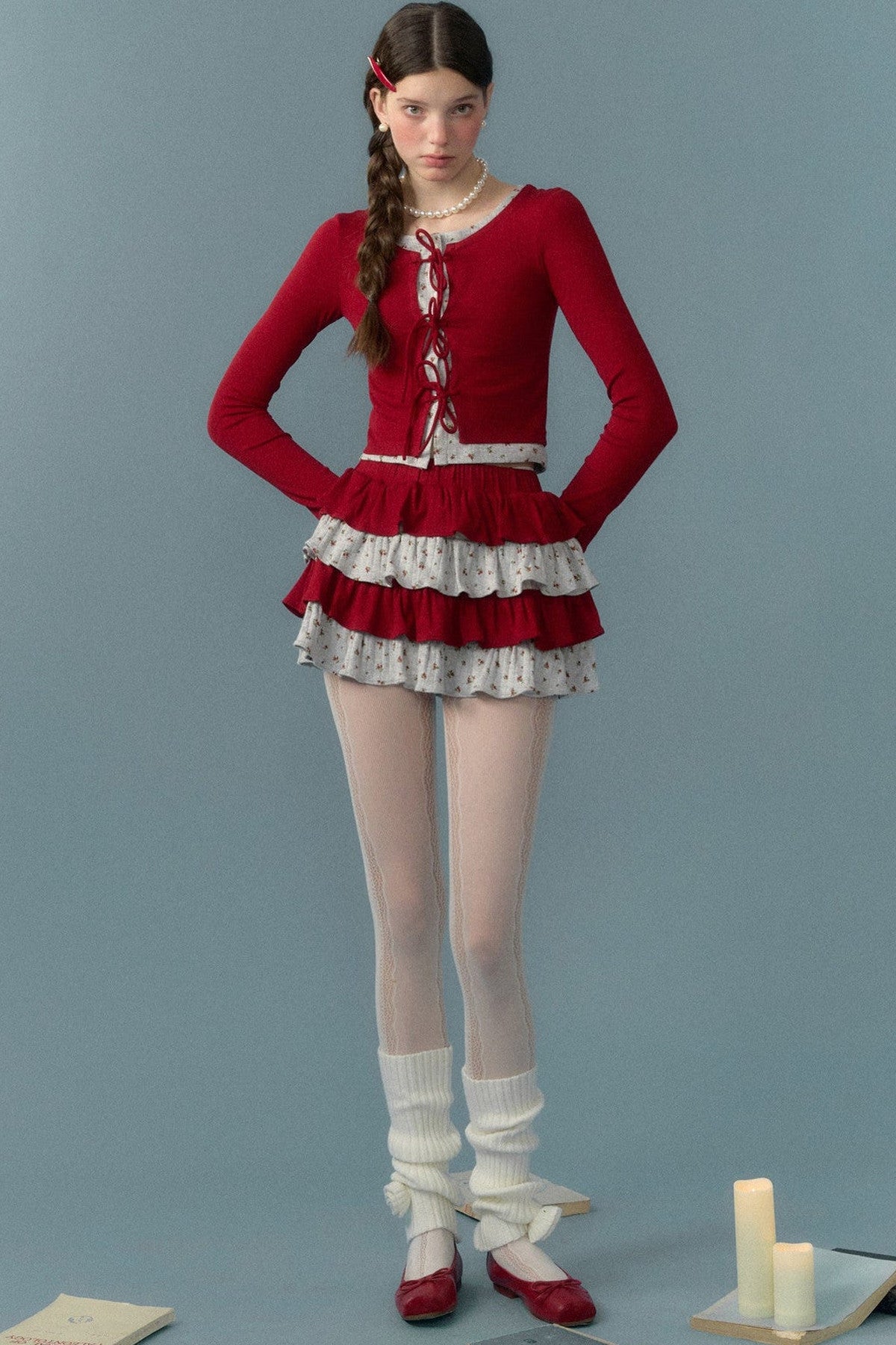 Floral Patchwork Knit Cardigan and Lace-Up Skirt Set-Up