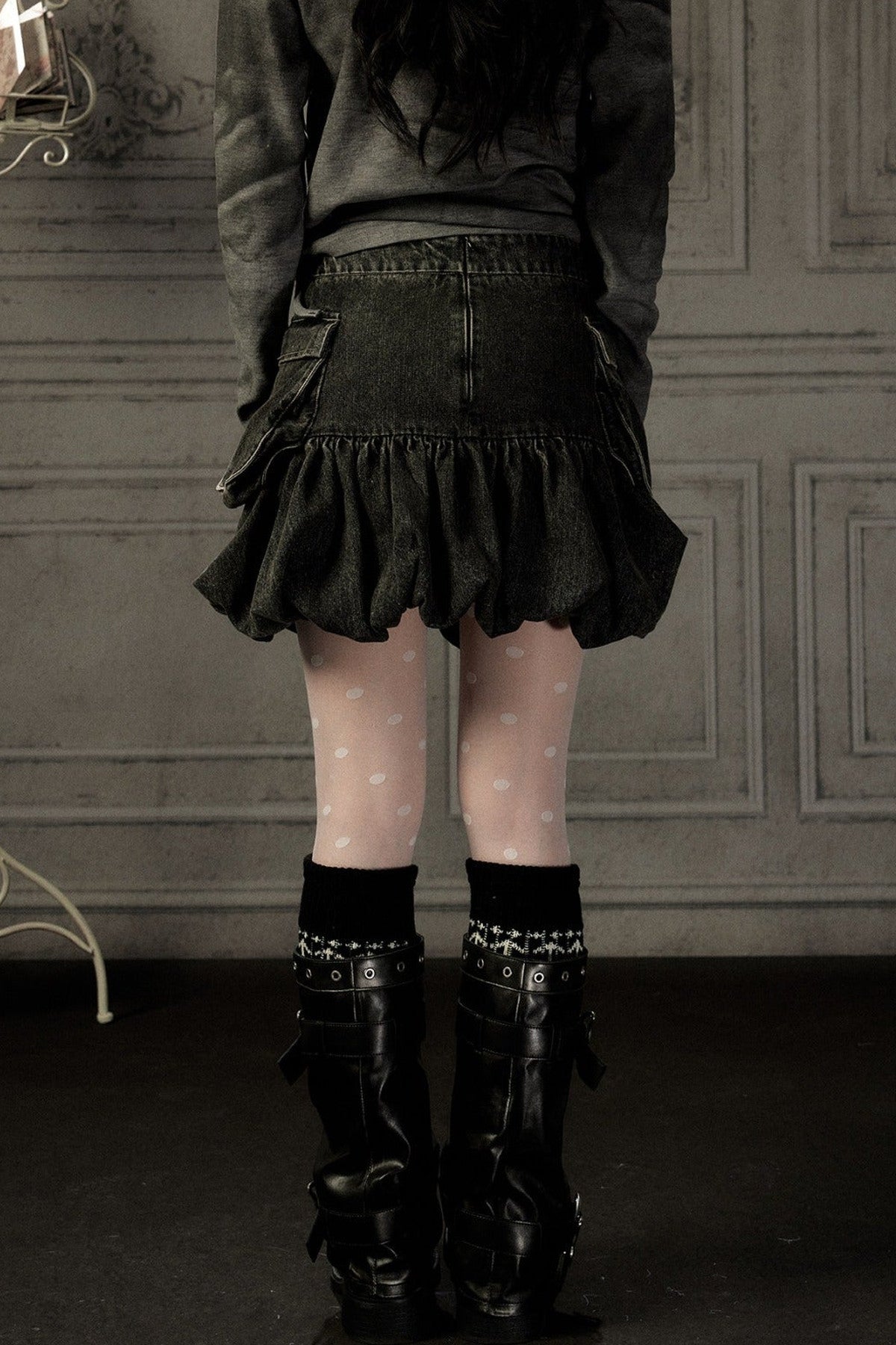 Black Denim Floral Puff Skirt