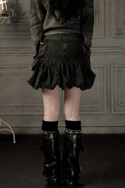 Black Denim Floral Puff Skirt