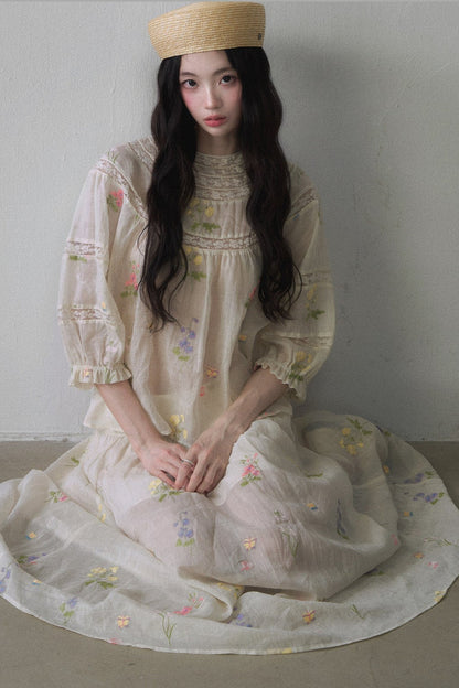 Colorful Embroidered Puff Sleeve Top and Skirt Set-Up