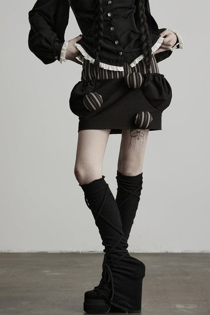 High-Waisted Straight Ball-Decorated Striped Patchwork Skirt