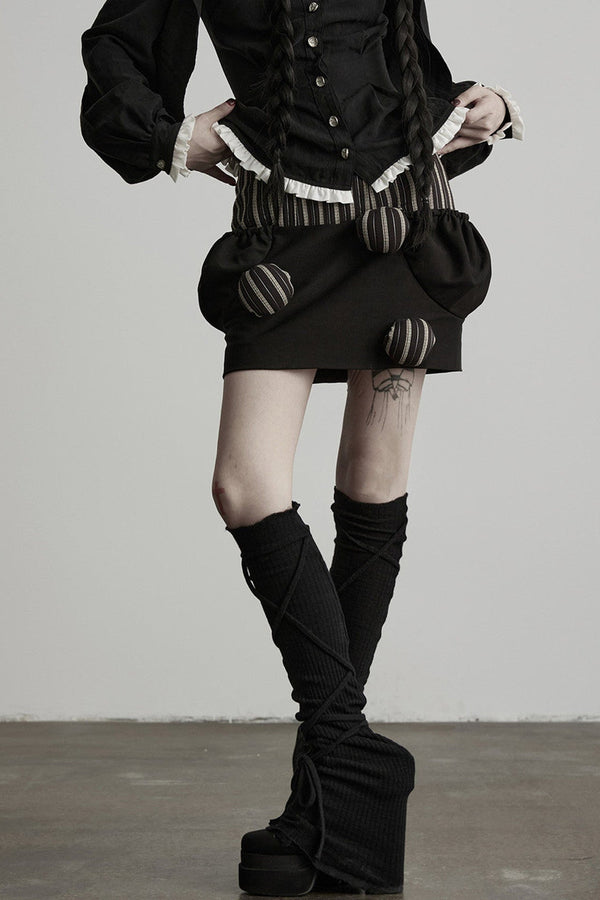 High-Waisted Straight Ball-Decorated Striped Patchwork Skirt