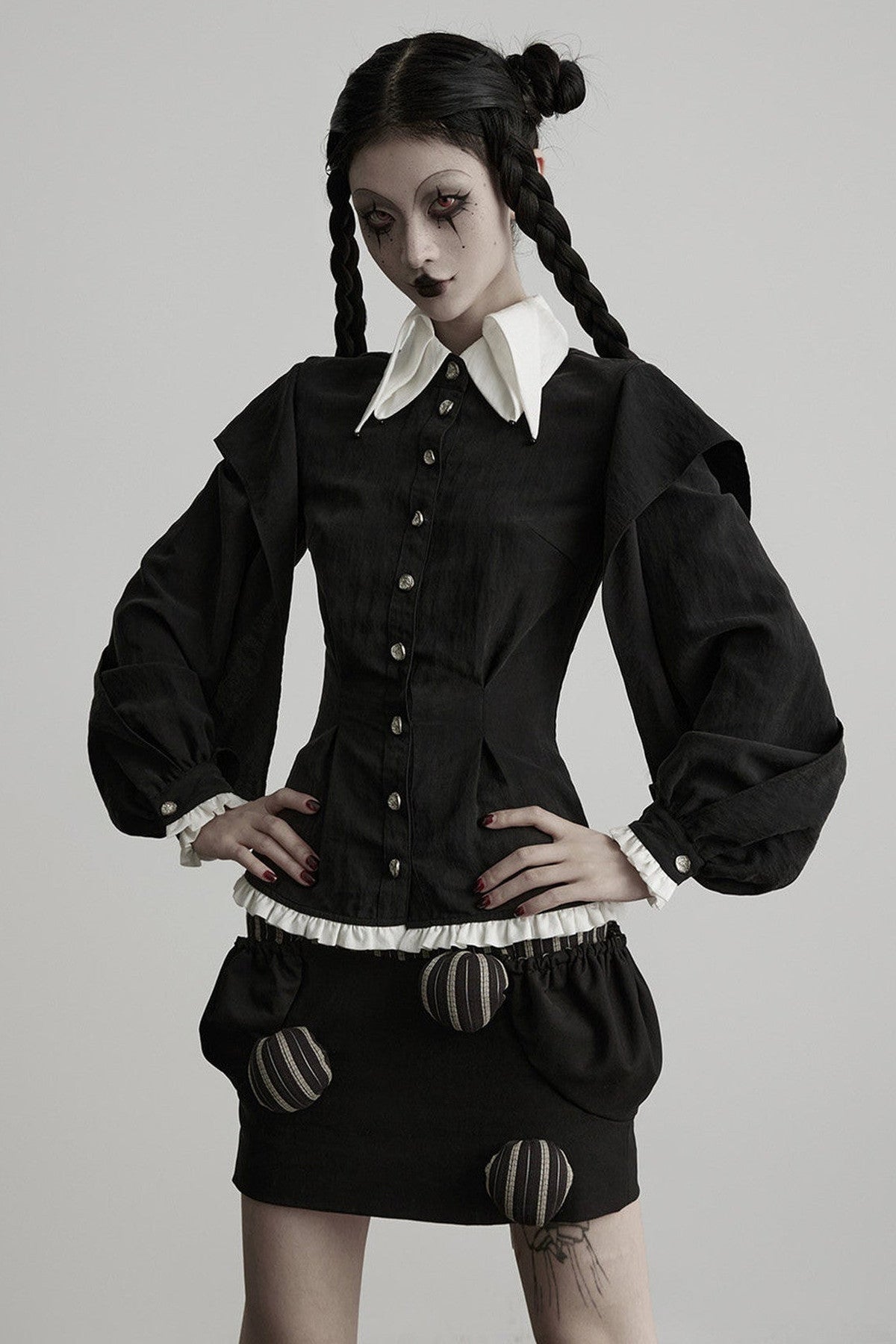 Lyocell Ruffle Patchwork Puff Sleeve Shirt