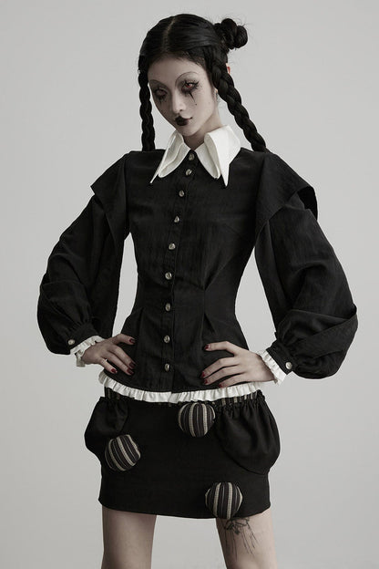 Lyocell Ruffle Patchwork Puff Sleeve Shirt