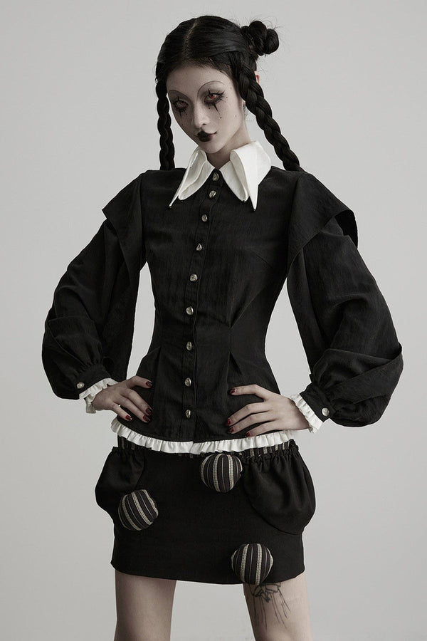 Lyocell Ruffle Patchwork Puff Sleeve Shirt