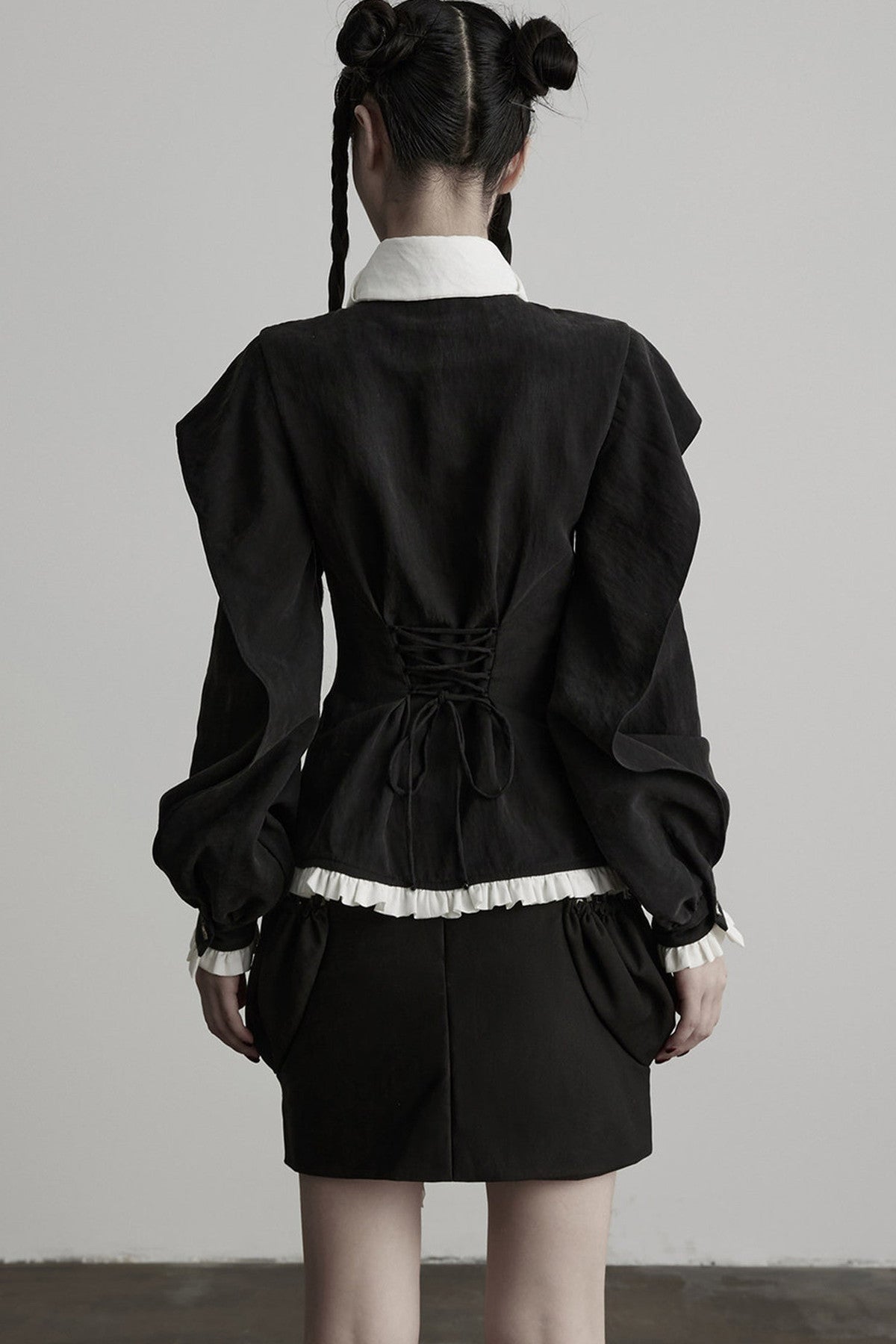 Lyocell Ruffle Patchwork Puff Sleeve Shirt
