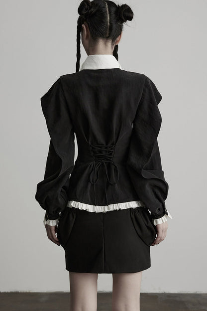Lyocell Ruffle Patchwork Puff Sleeve Shirt