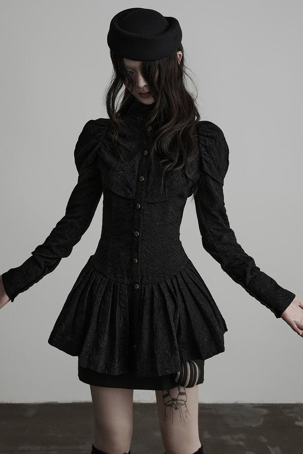 Jacquard Pleated Skirt-Style Hem Long-Sleeve Shirt