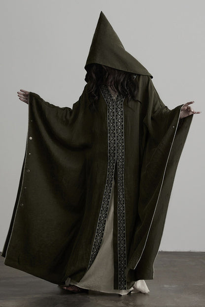 Dark Forest Green Embroidered Detachable Hood Cape