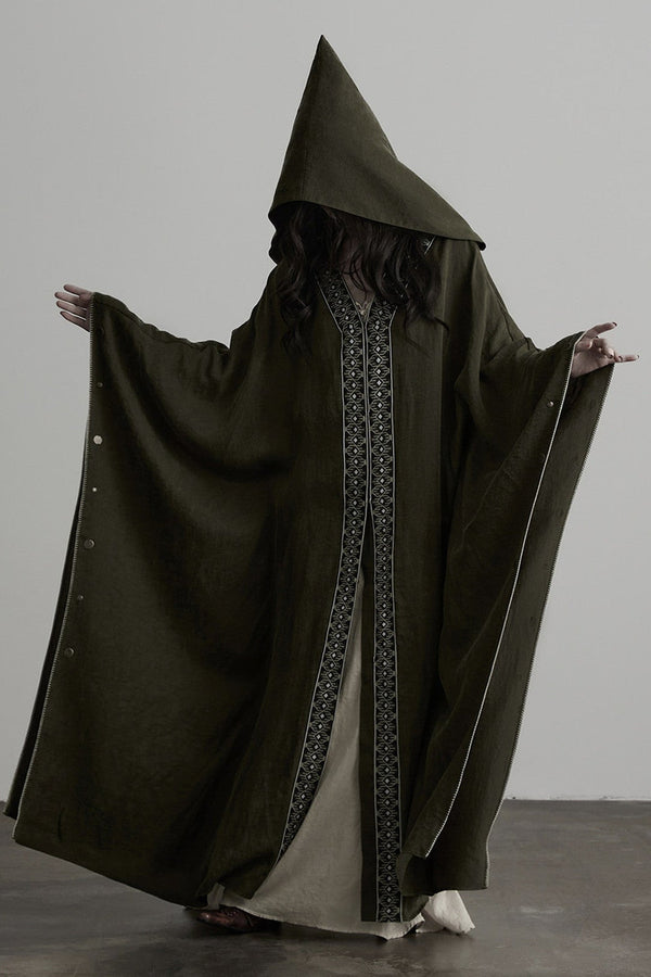 Dark Forest Green Embroidered Detachable Hood Cape