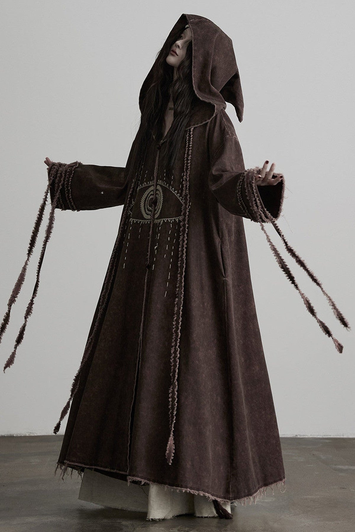 Red-Brown Quilted Embroidered Long Hooded Trench Coat