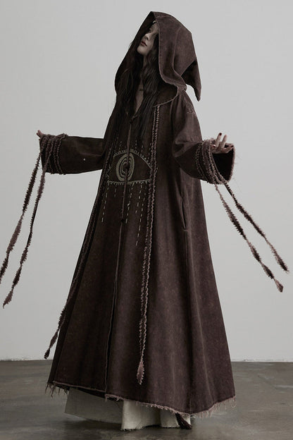 Red-Brown Quilted Embroidered Long Hooded Trench Coat