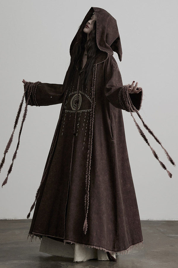 Red-Brown Quilted Embroidered Long Hooded Trench Coat