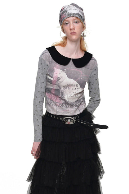 Cat Print Waffle Doll Collar Long-Sleeve T-Shirt