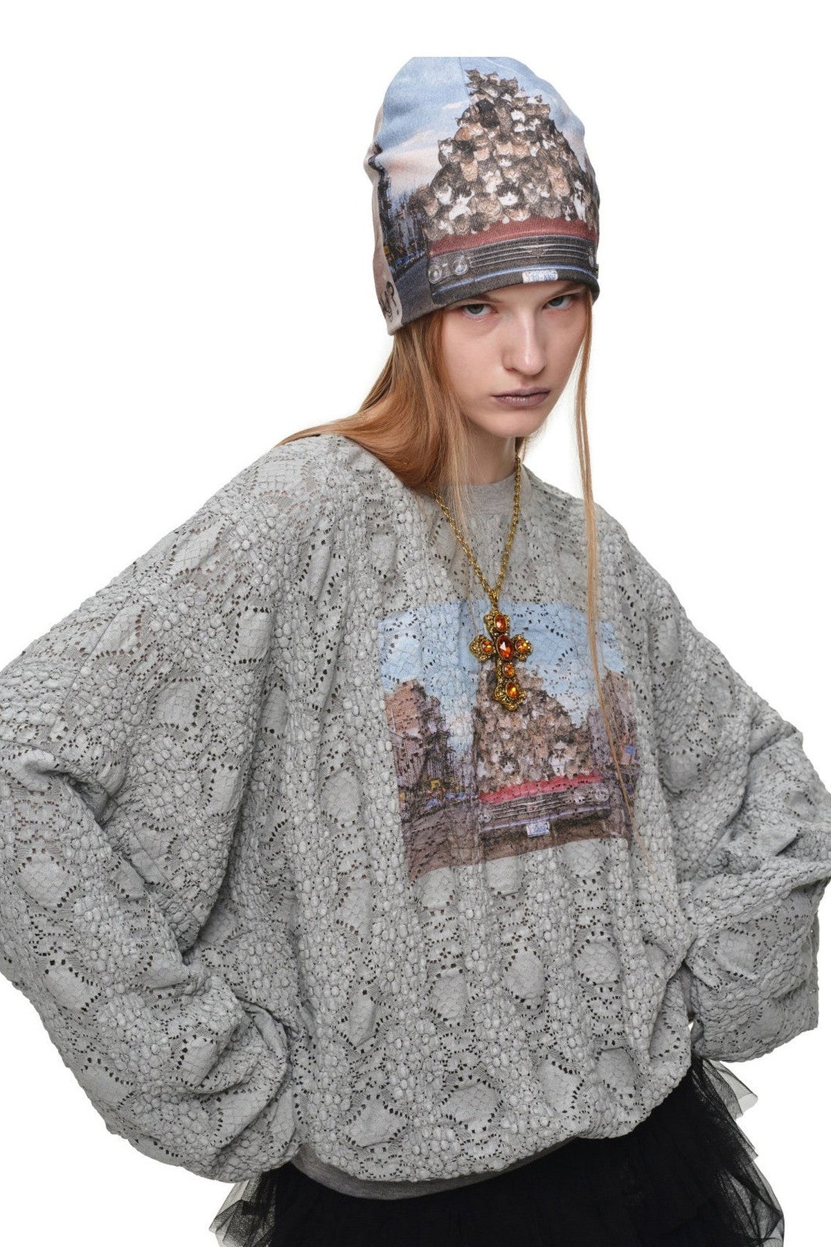 Cat Wanted Print Hollow Lace Pullover