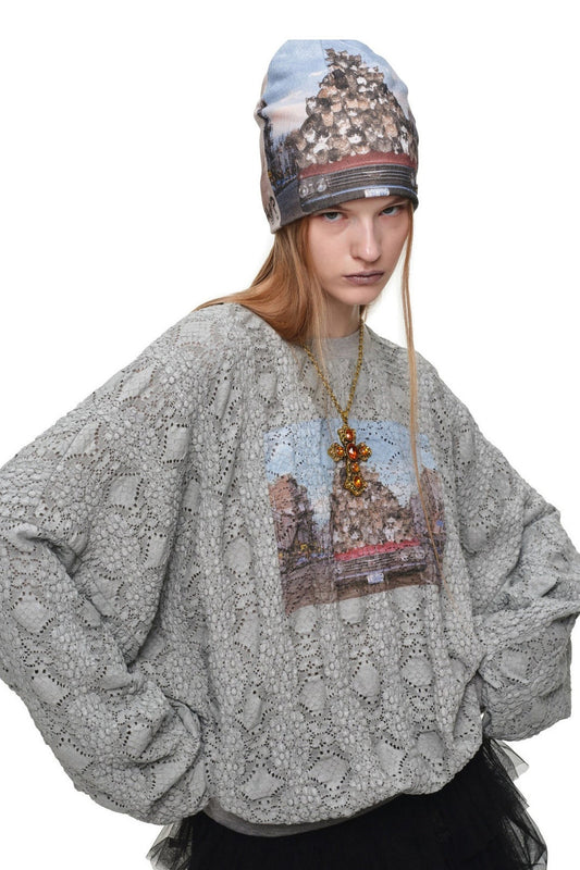 Cat Wanted Print Hollow Lace Pullover