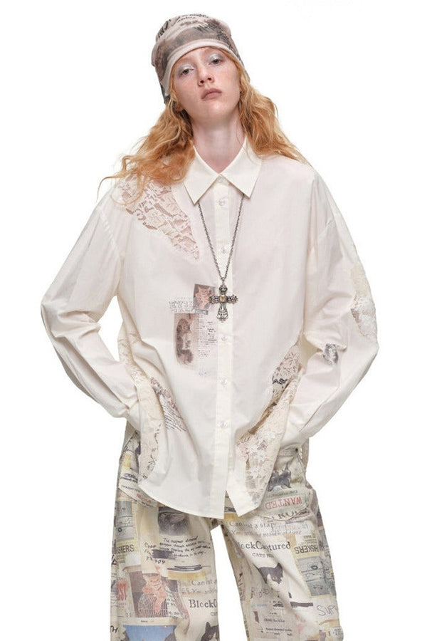 Cat Print Lace Patchwork Long Sleeve Shirt