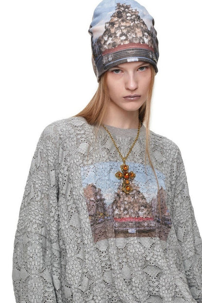 Cat Print Double-Sided Knitted Beanie Hat