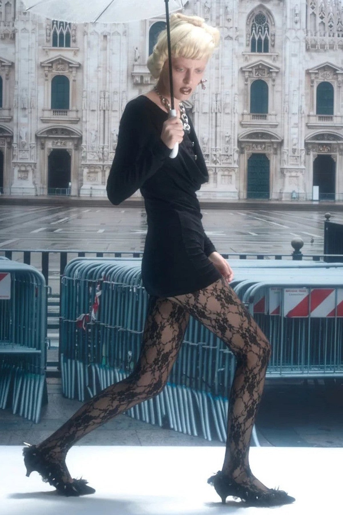 Long-Sleeved Lace Drape Neck Knit Dress