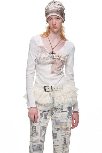 Cat Print Lace Trim Rhinestone Knit T-shirt