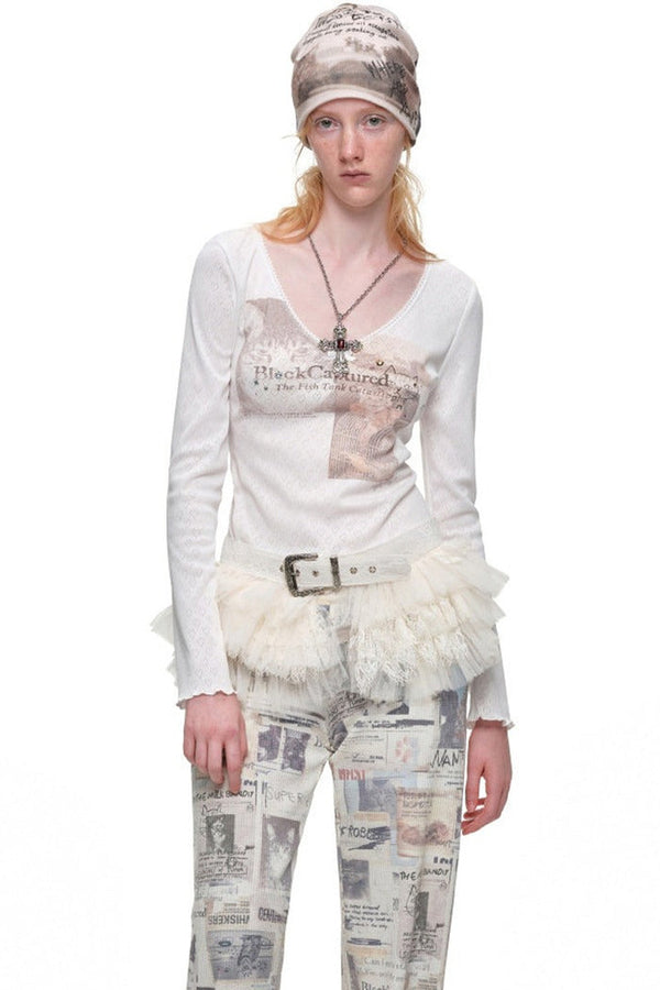 Cat Print Lace Trim Rhinestone Knit T-shirt