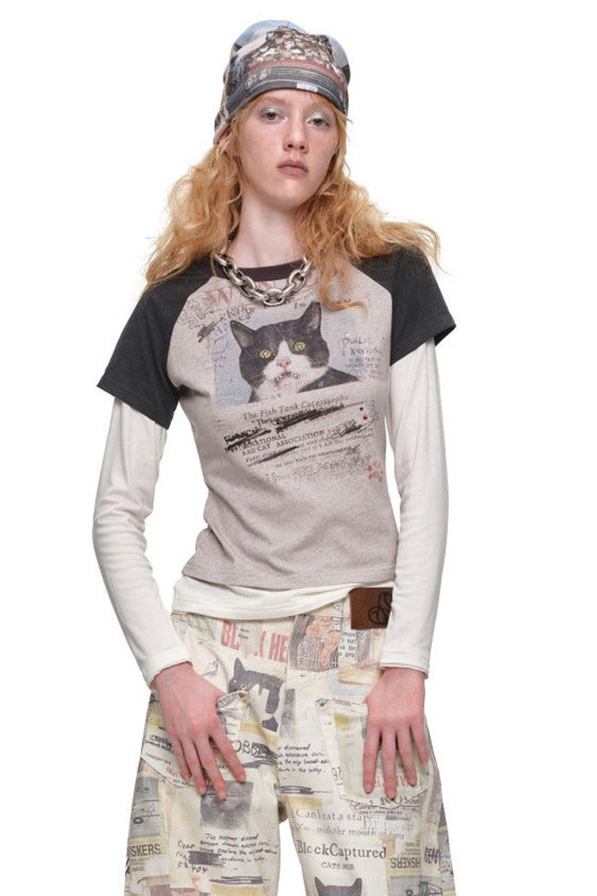 Cat Print Long-Sleeve Raglan T-shirt