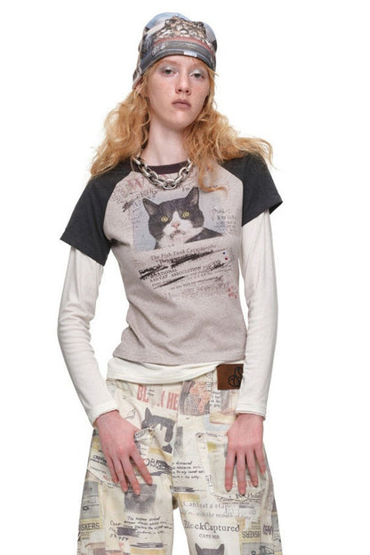 Cat Print Long-Sleeve Raglan T-shirt