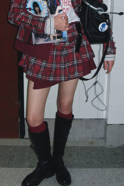 Asymmetrical Pleated Plaid Graffiti Skirt