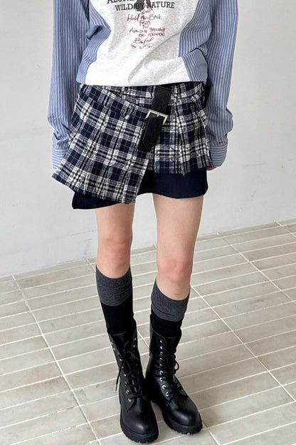Asymmetrical Pleated Plaid Graffiti Skirt