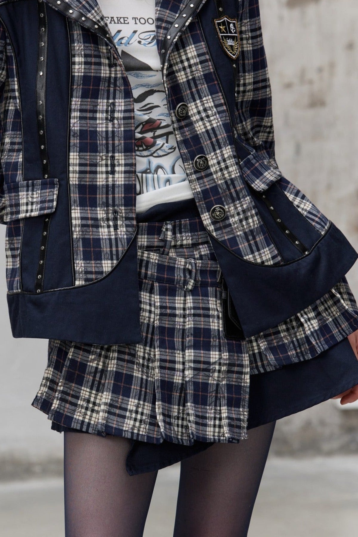 Asymmetrical Pleated Plaid Graffiti Skirt