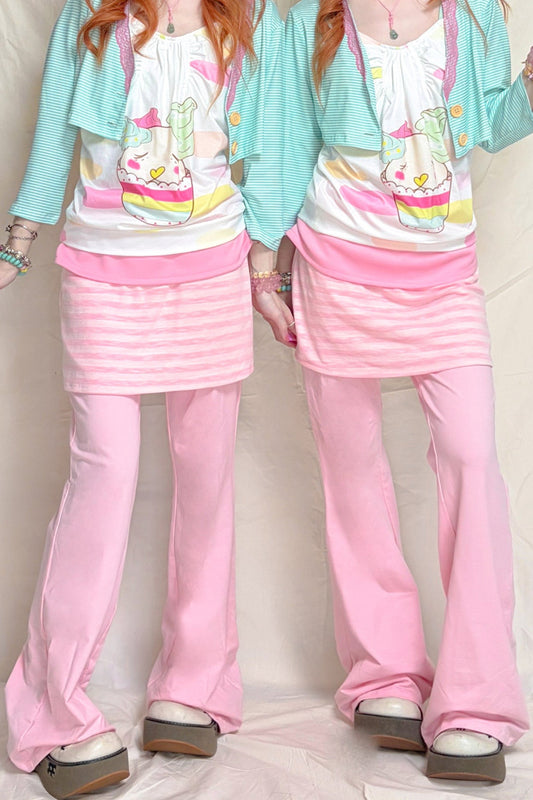 Pink Striped Fold-Over Waist Skirt Pants
