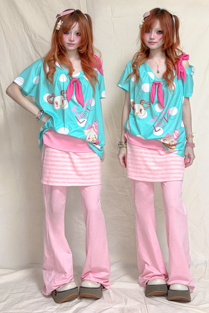 Pink Striped Fold-Over Waist Skirt Pants