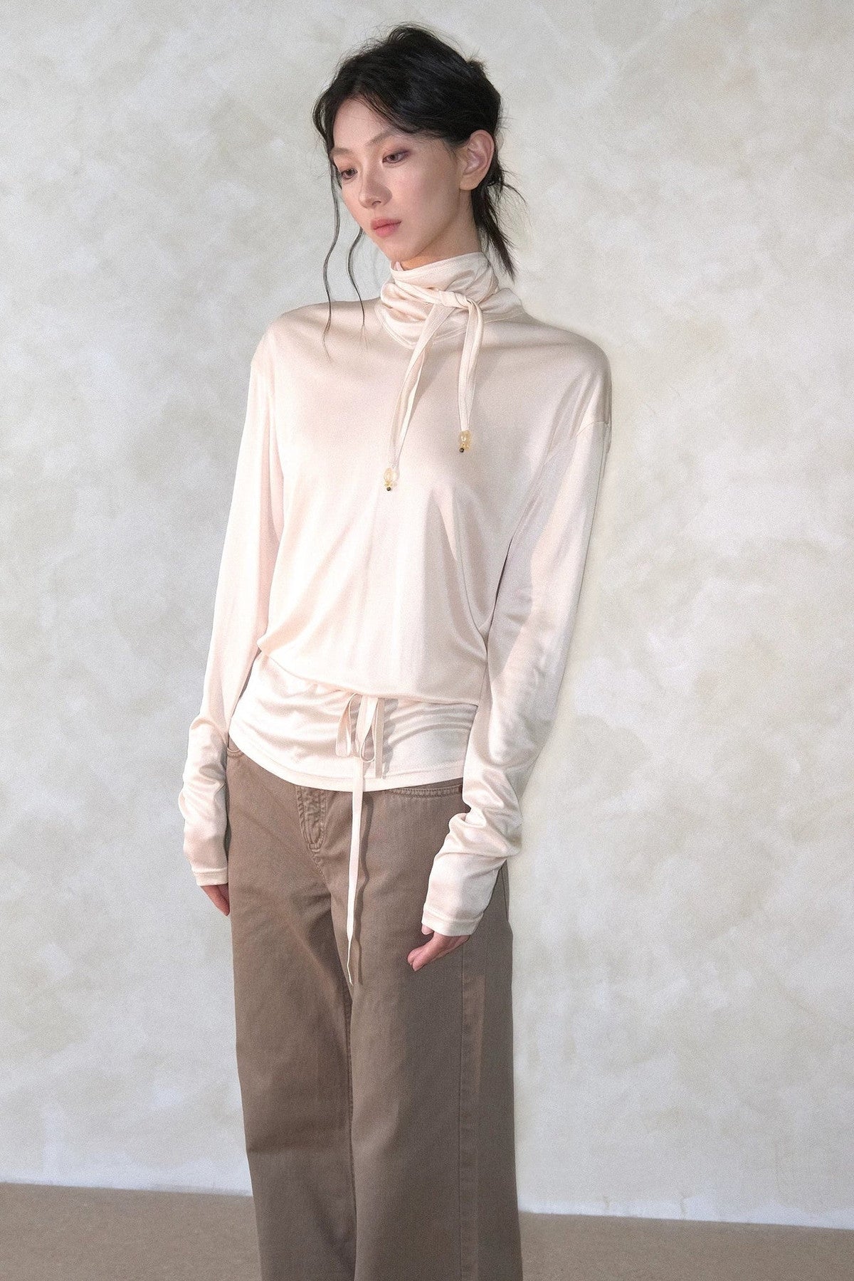 Acetate Knit High Neck Scarf Tie Top