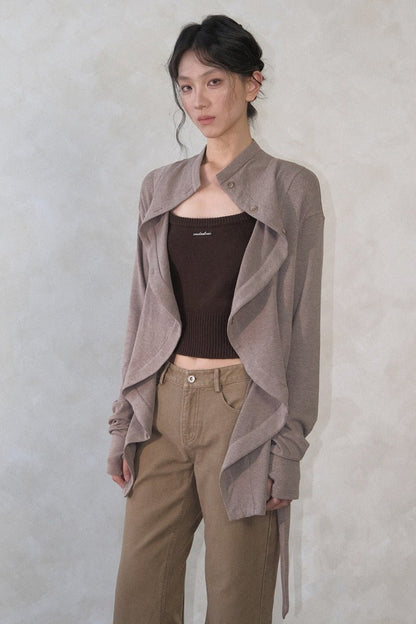 Wave-Front Lace-Up Knit Cardigan