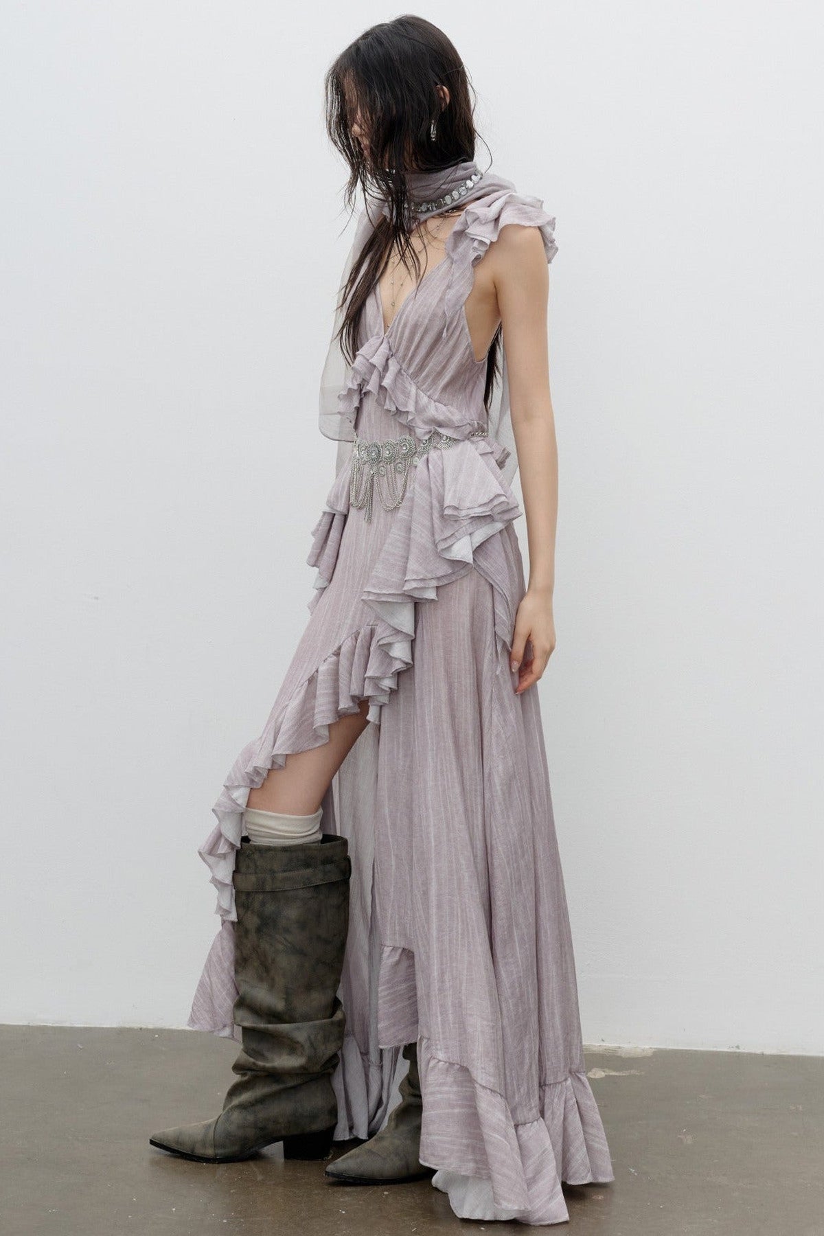 Dirty Pink Irregular Ruffle Strap Dress